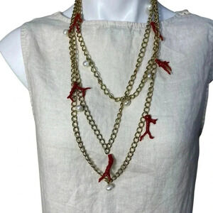 Coral branch reef pearl linked necklace triple  strand toggle clasp 15”